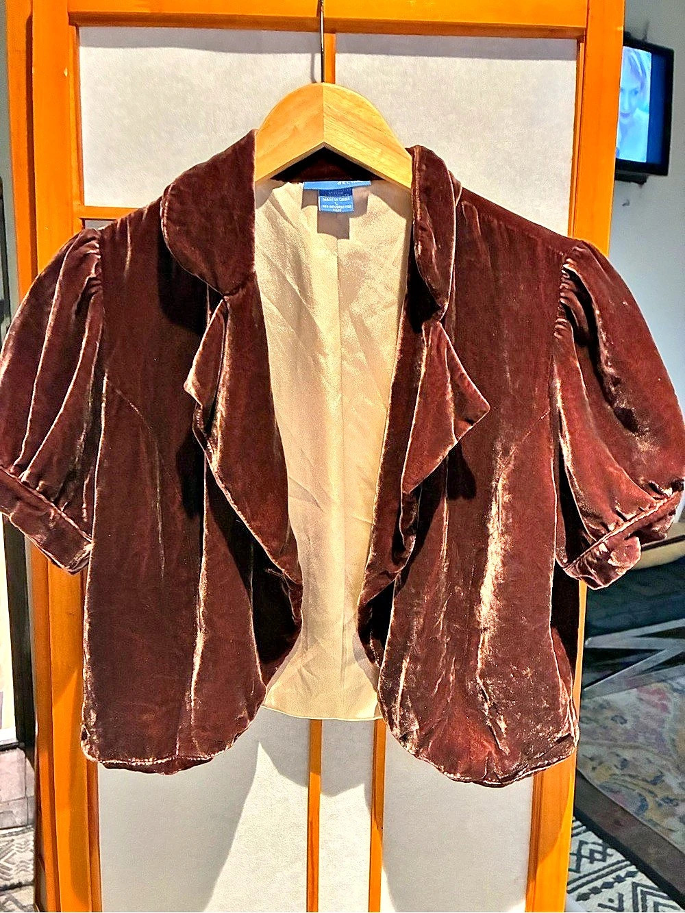 Macy's Velvet Short Sleeve Blazer Brown Large